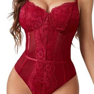 Womens Lingerie Eyelash Lace bodysuit Snap Crotch Teddy One Piece Babydoll Sheer
